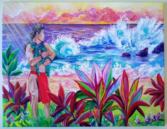 Kane Hula O Ke Kai,  Kauai Original Acrylic Painting, Hawaiian Male Hula Dancer with Ocean Waves