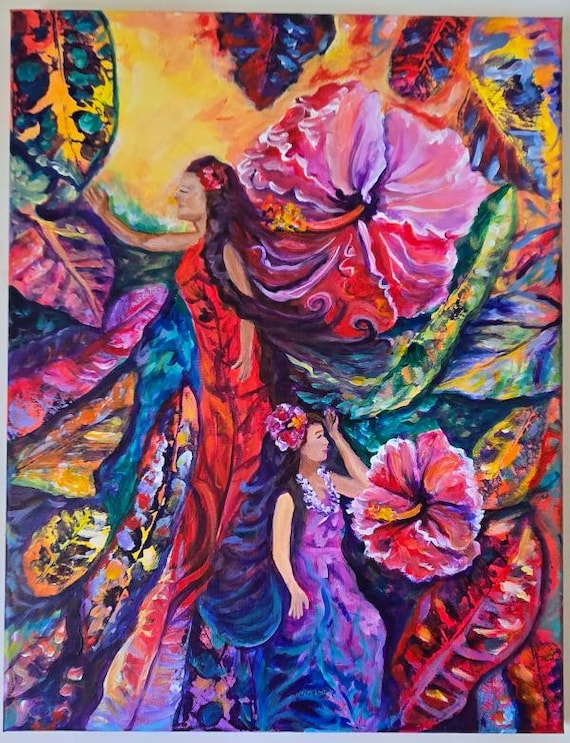 Magical Hula Girls in a Hibiscus Garden Kauai Hawaii Original Acrylic Painting by Marionette