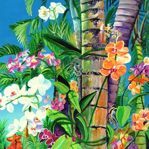 Tropical orchid art, orchid painting, tropical flower art, hawaii decor, hawaiian wall art, housewarming gift, orchids on palm trees