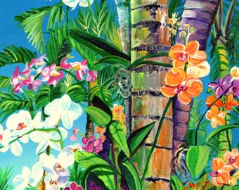 Könnte beinhalten: Ein Gemälde, das eine tropische Szene mit Palmen und leuchtenden Orchideen zeigt. Die Orchideen sind weiß, rosa, lila und orange. Die Palmen sind grün und braun. Der Hintergrund ist ein strahlend blauer Himmel.