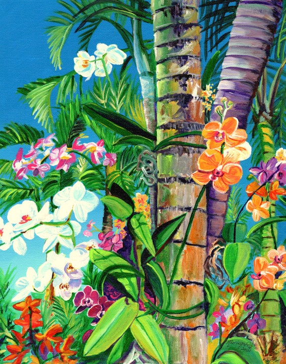 Tropical orchid art, orchid painting, tropical flower art, hawaii decor, hawaiian wall art, housewarming gift, orchids on palm trees