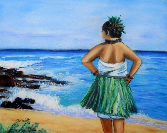 Hula Girl, hula dancer, Hawaiian hula, hula dancing, beach, Kauai beach, Kauai ocen art, Kauai hula painting, grass skirt, Hawaii art