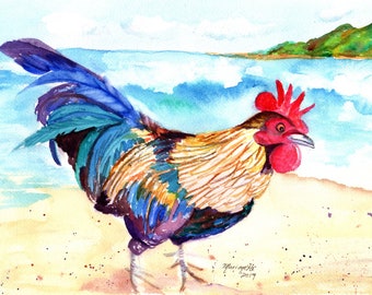 May include: Watercolor painting of a colorful rooster on a sandy beach with ocean waves and a distant island. The rooster has blue, purple, and gold feathers, a red comb and wattle. The artwork is signed and dated 2019.