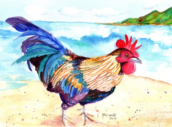 Rooster Painting, Rooster Print, Rooster at the Beach, Chickens Roosters, Chicken Paintings, Kauai Art, Kitchen Decor, Kauai Chicken