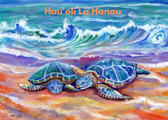 Hawaiian Birthday Card, Printable PDF 5x7, Two Sea Turtles Hugging, Hauoli La Hanau, Hawaii Greeting, Instant Download