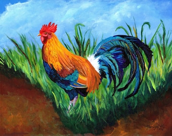 May include: A colorful painting of a rooster standing in tall green grass. The rooster has a red comb, orange and yellow feathers, and a blue and green tail.