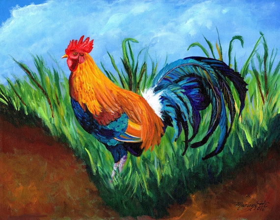 Rooster Painting, Sugar Cane Rooster Print, Chickens Roosters, Chicken Paintings, Kauai Rooster, Kitchen Decor, Kauai Chicken, Fowl Art