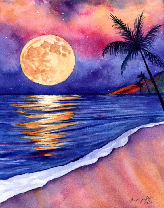 Harvest Moon Over Kauai Art Print by Kauai Artist Marionette Taboniar Kauai Seascape Hawaiian Moon Palm Trees Hawaii Moon Painting