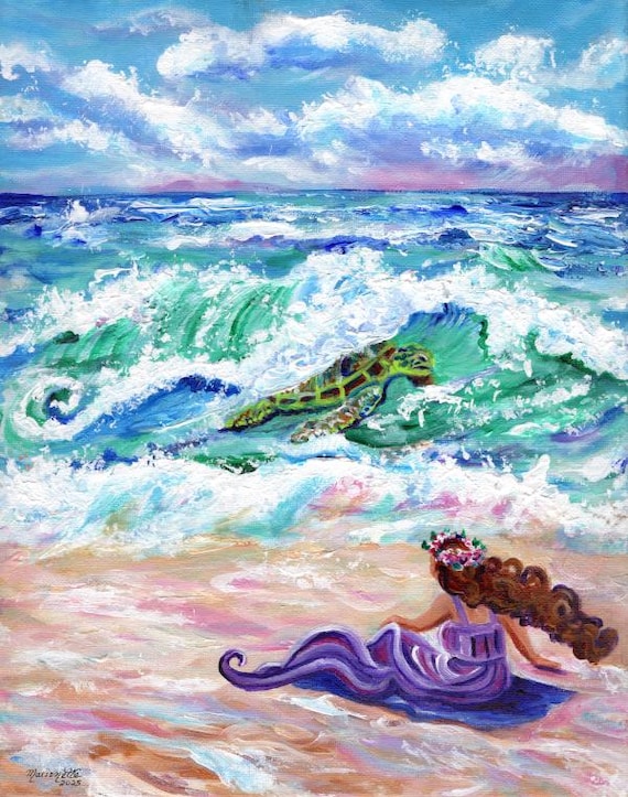 Lady at the Beach with Green Sea Turtle in a Wave from Kauai Hawaii Original Acrylic Painting, Beauty and the Hawaiian Honu