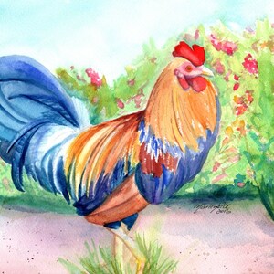 May include: A watercolour painting of a cockerel standing in a field of green plants with pink flowers. The cockerel has a red comb and wattles, a blue and white tail, and orange and brown feathers.