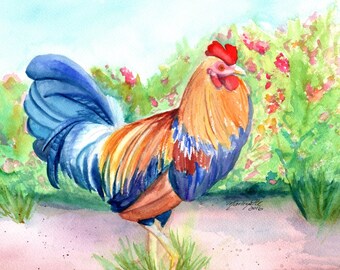 May include: A watercolor painting of a rooster standing in a field of green plants with pink flowers. The rooster has a red comb and wattles, a blue and white tail, and orange and brown feathers.