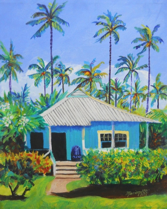 Waimea Cottage print from Kauai Hawaii Tropical Wall Art Plantation House Vacation blue green teal palm tree tropical