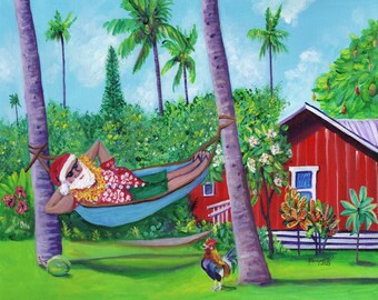 Papá Noel de vacaciones, arte hawaiano de Papá Noel, impresión de Mele Kalikimaka, Navidad en Hawái, Navidad tropical, Papá Noel en hamaca