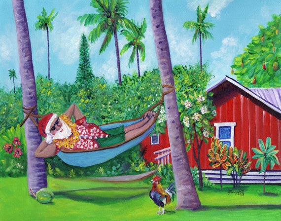 Mele Kalikimaka Cottage Hawaiian Santa Art Print from Kauai, Hawaii by Marionette Taboniar