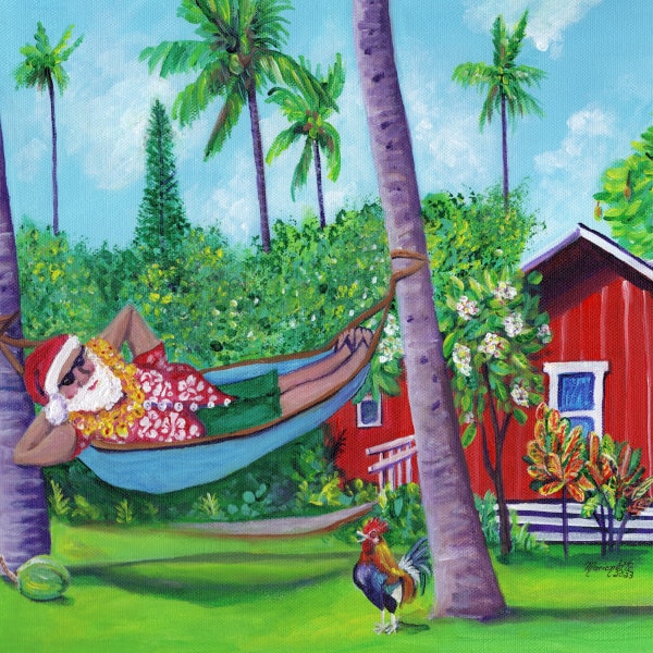 Santa on Vacation, Hawaiian Santa Art, Mele Kalikimaka Print, Hawaii Christmas, Tropical Christmas, Santa Claus in Hammock