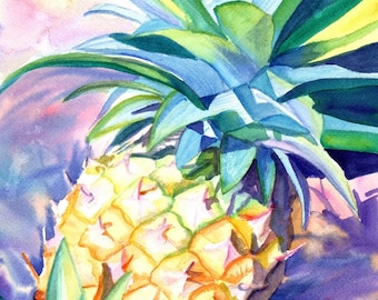 May include: A watercolor painting of a pineapple with green leaves and a yellow fruit. The pineapple is painted in a realistic style, with details of the individual scales of the fruit.