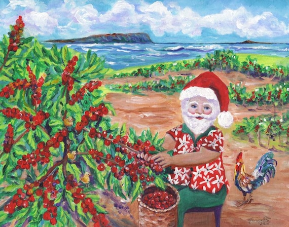 Mele Kalikimaka Cottage Hawaiian Santa Art Print from Kauai, Hawaii by Marionette Taboniar