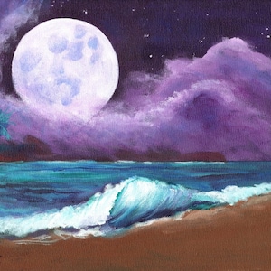 Kauai Beach Moon Art - 5 x 7 Giclee Print - Hawaiian art - Romantic Kauai Moonlight- Hawaii Moon Painting - home decor - Kauai Night Sky