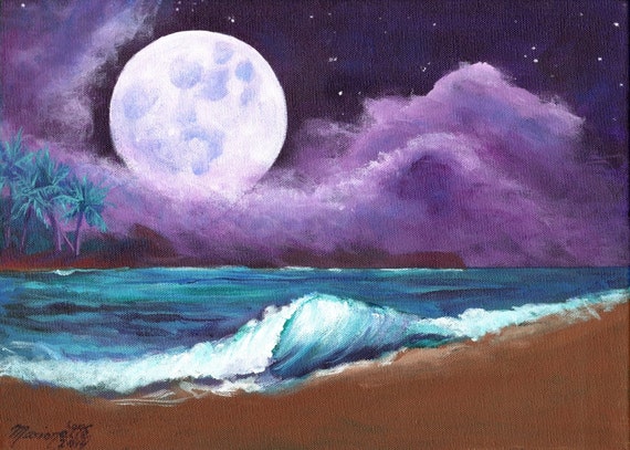 Kauai Beach Moon Art - 5 x 7 Giclee Print - Hawaiian art - Romantic Kauai Moonlight- Hawaii Moon Painting - home decor - Kauai Night Sky