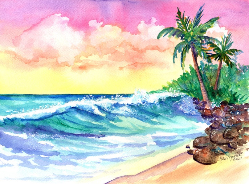 Hawaiian Sunset Original Watercolor Hawaii Decor Ocean Art | Etsy