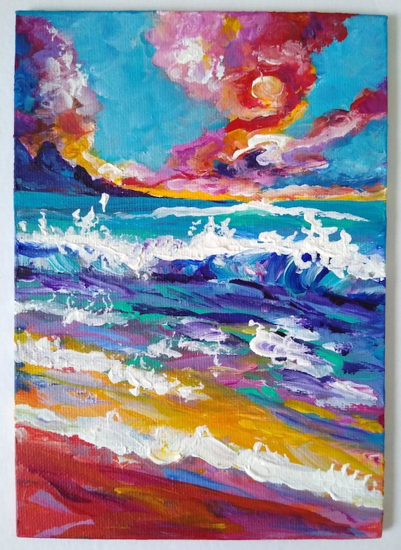 Kauai North Shore Sunset Original Acrylic Painting on 5x7 Canvas Panel Mini Hawaii Painting