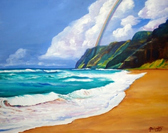 polihale beach, Kauai art print, kauai paintings, Na Pali Coast, Kauai mountains, Hawaii rainbows, sandy beach, hawaiian decor