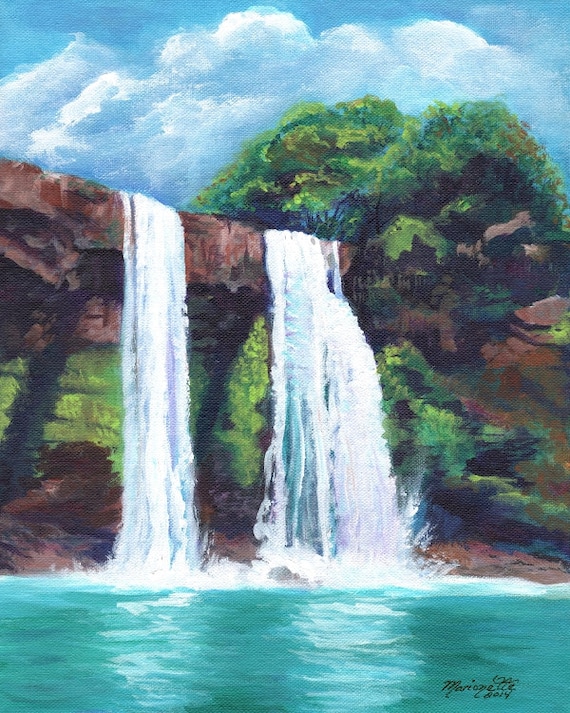 Wailua Falls Kauai  - Kauai Art Print - Kauai Waterfall Art - Hawaiian Art - Kauai Twin Falls Print - Hawaiian Landscape Decor