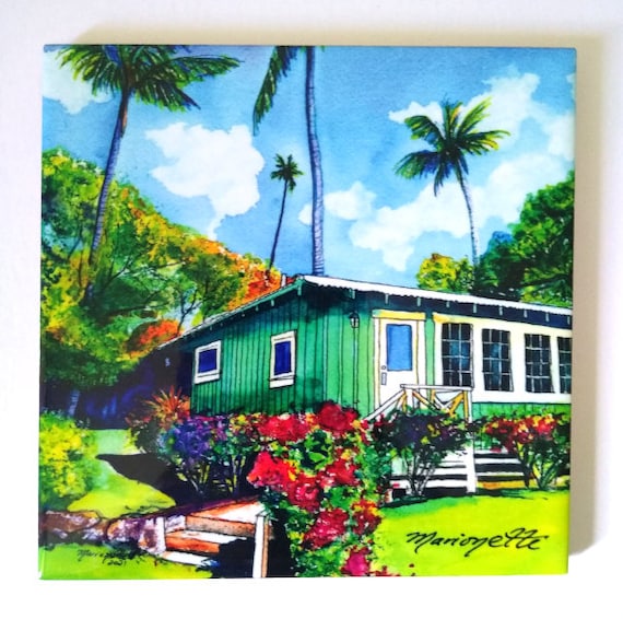 Green Waimea Plantation Cottage Kauai Hawaii Ceramic Tile, Art by Marionette, Trivet