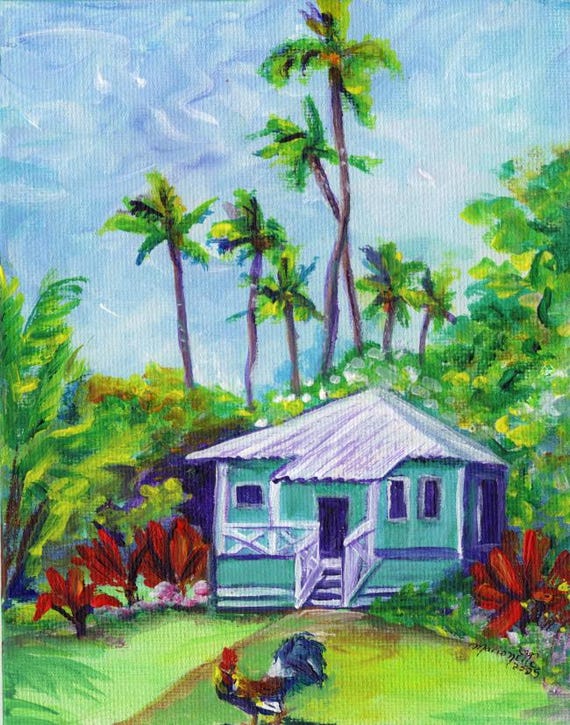 Whimsical Waimea Plantation Cottage with Rooster Art Print from Kauai Hawaii, tropical plants, coconut palms
