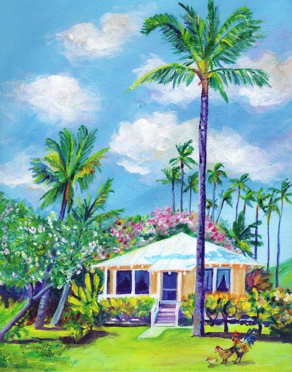 Waimea Plantation Cottage Number 67 Art Print from Kauai Hawaii with Rooster