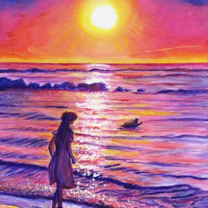 May include: A painting depicting a woman standing on a beach at sunset. The sky is a vibrant pink and orange, and the sun is setting over the sea. The woman is wearing a long, flowing dress and has her back to the viewer. The sea is a deep blue, and the waves are crashing on the shore.