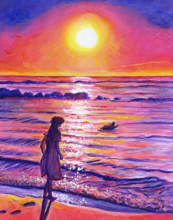 Beach Girl with Honu Hawaiian Sea Turtle at Sunset Art Print from Kauai Hawaii