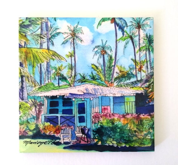 Blue Waimea Plantation Cottage Kauai Hawaii Ceramic Tile, Art by Marionette, Trivet