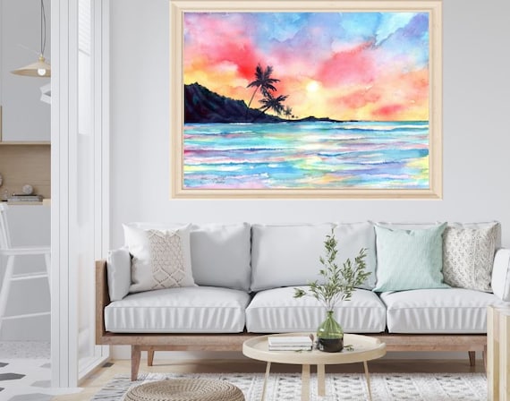 Large Art Print, Hawaiian Sunset, 16x20 18x24 24x30, Hawaiian Art, Kauai Decor, Hawaii Prints, Tropical Sunset, Palm Trees, Hawaiian Beach