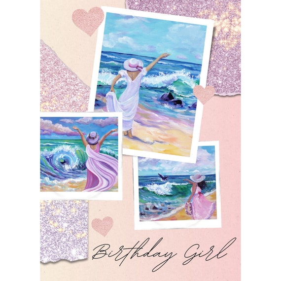 DIY Birthday Girl Card, Printable, Beach Lady Woman Girl, Greeting, PDF 5x7, print it yourself, download, ocean wave, Kauai Oahu Maui