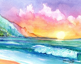 May include: Watercolor painting of a sunset over a beach with a mountain in the background. The sky is a mix of pink, orange, and yellow, and the ocean is a vibrant blue and green. The sun is setting in the distance, casting a golden glow over the water.