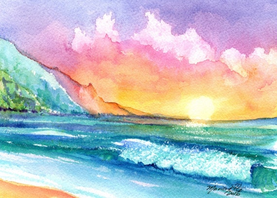 sunset 5x7 art print tropical sunsets prints hawaii paintings marionette taboniar kauaiartist hawaii painting hawaiian artwork beach ocean