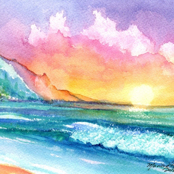 sunset 5x7 art print tropical sunsets prints hawaii paintings marionette taboniar kauaiartist hawaii painting hawaiian artwork beach ocean