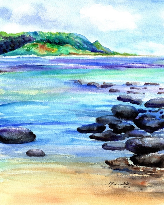 kauai art prints hanalei bay ocean beaches kauai north shore hawaiian paintings artwork giclee print kauaiartist marionette beach art