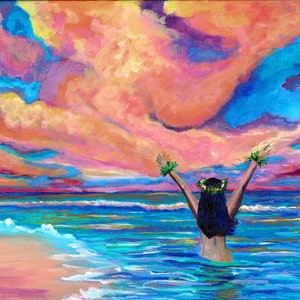 Ocean Hawaiian Sunrise with Hula Girl Art Print