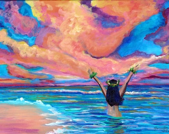 Ocean Hawaiian Sunrise with Hula Girl Art Print