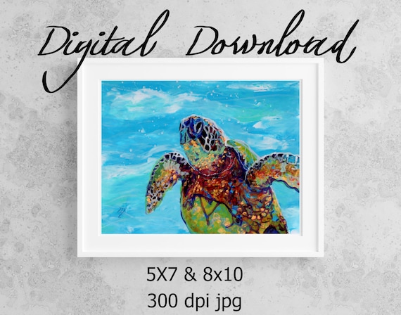 Sea Turtle Print Digital Download 8x10 5x7 jpg Watercolor Print Printable wall art Downloadable Ocean Decor Hawaiian Honu Kids Room Decor