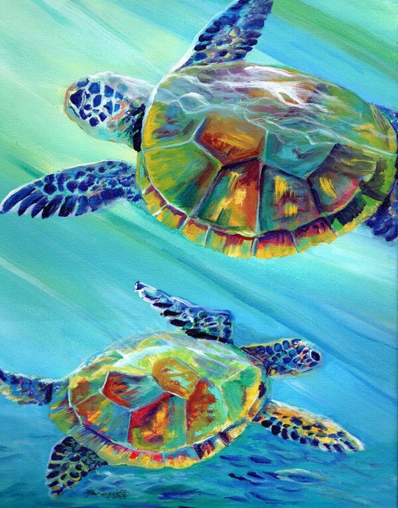 Two Sea Turtles Swimming Art Print from Kauai Hawaii, Honu Painting