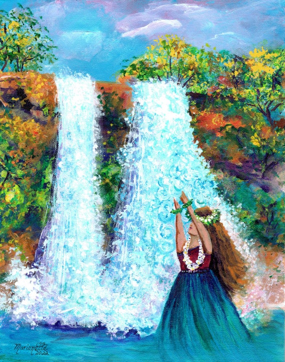 Wailua Falls Kauai, Kauai Art Print, Hawaiian Art, Hawaii Painting, Waterfall, Hula Girl, Enchanted, Hawaiian Legend