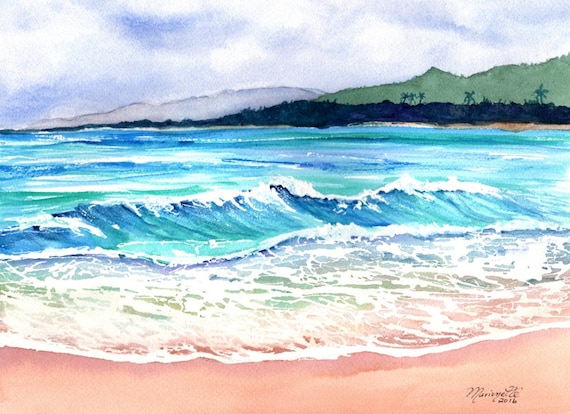 wailua beach kauai, paintings of kauai beaches, ocean art, hawaiian paintings, hawaii seascapes, wailua beach print, kauai artist