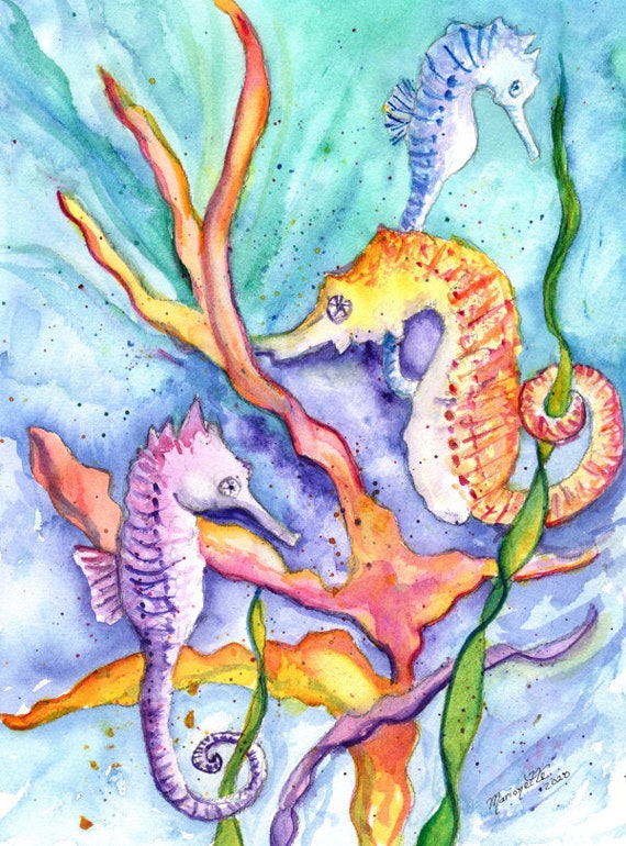 Seahorse Art, Seahorses, Seahorse Decor, Beach Art, Hawaii Decor, Whimsical Seahorses, Ocean Theme Decor, Ocean Nursery, Kauai Artist