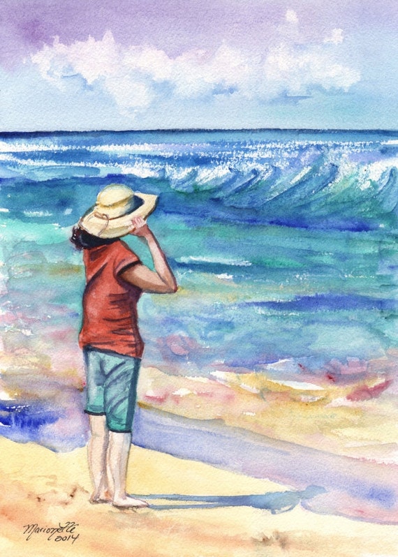 Kauai Beach Art -  Kauai Seascape Art - Woman at the Beach - Hawaiian Art Prints - Lady With Hat Home Decor - Looking Out