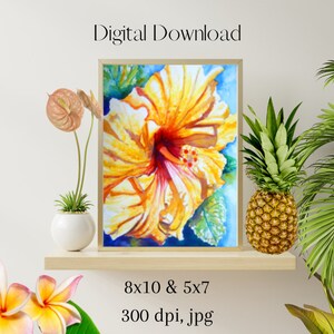Tropischer Hibiskus, Druck jpg, Hawaii Dekor, Wandkunst, gelbe Blumen, digitaler Download, printable, digitaler Kunstdruck, kauai