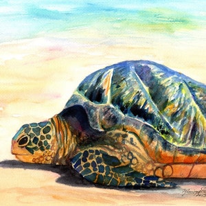 Puede incluir: Una pintura de acuarela de una tortuga marina descansando en una playa de arena. El caparaz&oacute;n de la tortuga es de un verde, azul y marr&oacute;n vibrantes, con un toque de naranja en la parte inferior. El fondo es de un azul y verde suave, lo que sugiere el oc&eacute;ano.