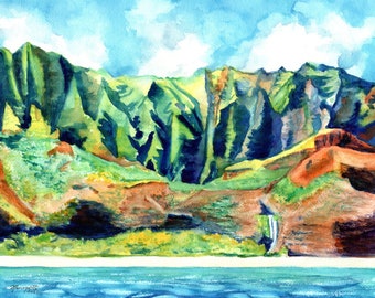 Puede incluir: Pintura acuarela de una exuberante cordillera verde con una cascada que cae por el lado. Las montañas están pintadas en tonos de verde, azul y marrón, con un toque de naranja en la base. El agua en la parte inferior de la pintura es de un azul brillante.
